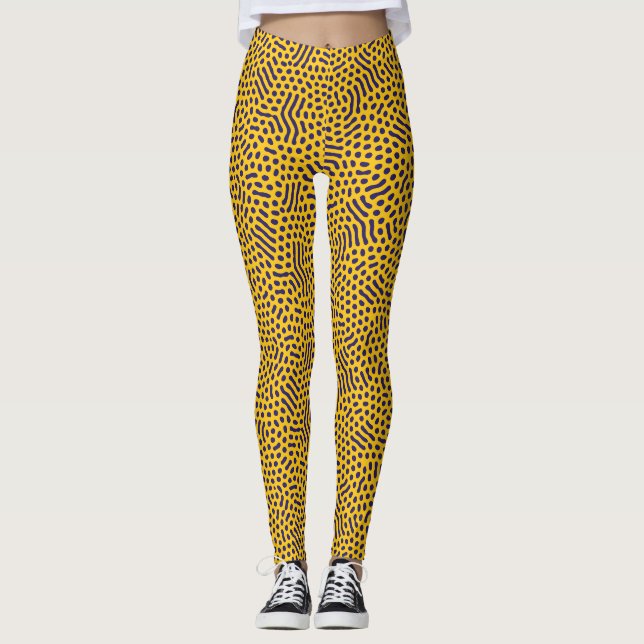 Lekfullt abstrakt mönster: Marinblå prickar på gul Leggings (Framsida)