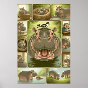 Lekfullt Flodhäst & Fågel Konsttryck – 13 Illustre Poster
