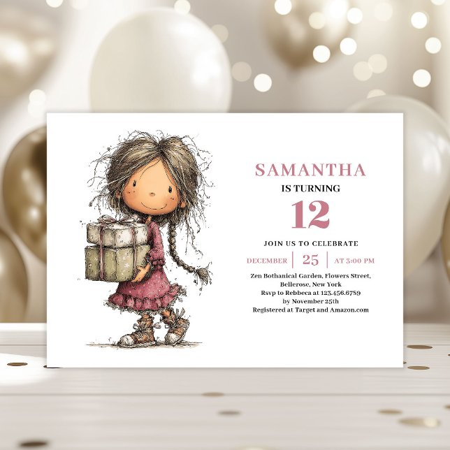 Lekfullt födelsedagsinbjudan för flickor - dammig  inbjudningar (Whimsical Girl Birthday Invitation Dusty Pink Printable)