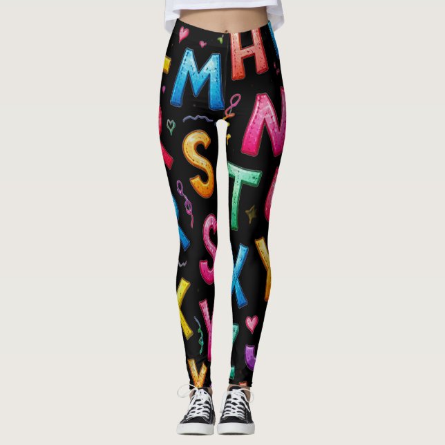 Lekfullt Handskrivet Alfabetmönster Leggings (Framsida)