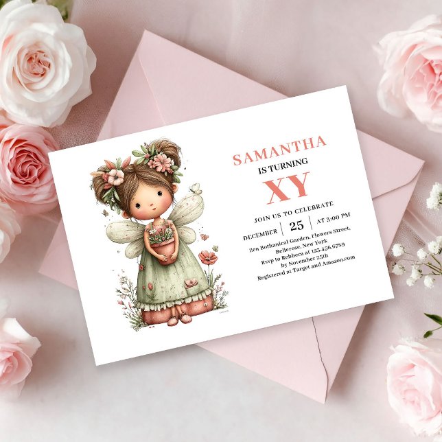 Lekfullt sagoblått inbjudningskort för födelsedags (Whimsical Fairy Girl Birthday Blush Pink invitation)