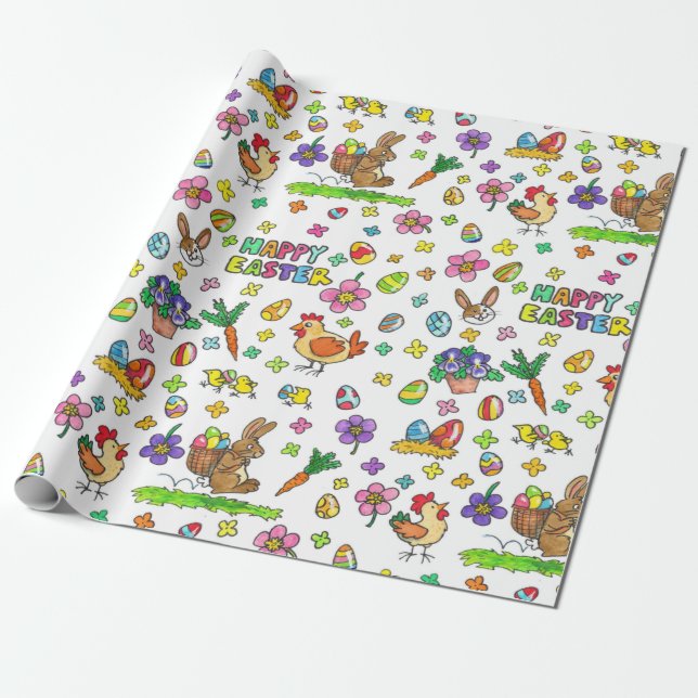 Lekfullt tecknat påskmönster presentpapper (Utrullad)