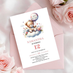 Lekfullt teddybjörn blomsterballong födelsedagsinb inbjudningar