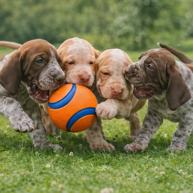 Lekfullt Valp Dragkamp Poster (“Four paws, one ball — endless fun!”)