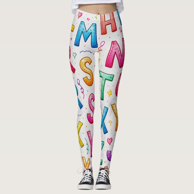 Lekiga Handskrivna Alfabet Mönster Leggings (Framsida)