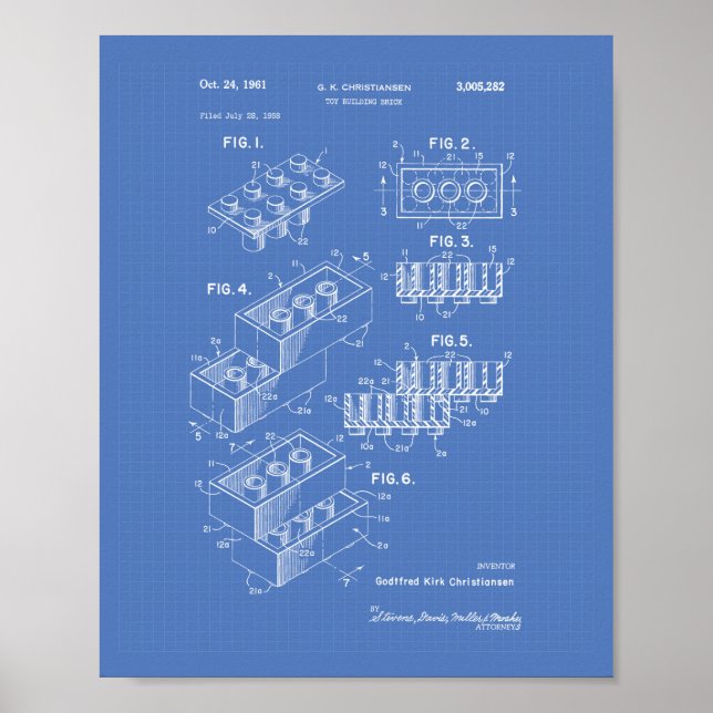 Leksak Byggnad Brick 1961 Patent Art - Blåkopia Poster (Framsidan)