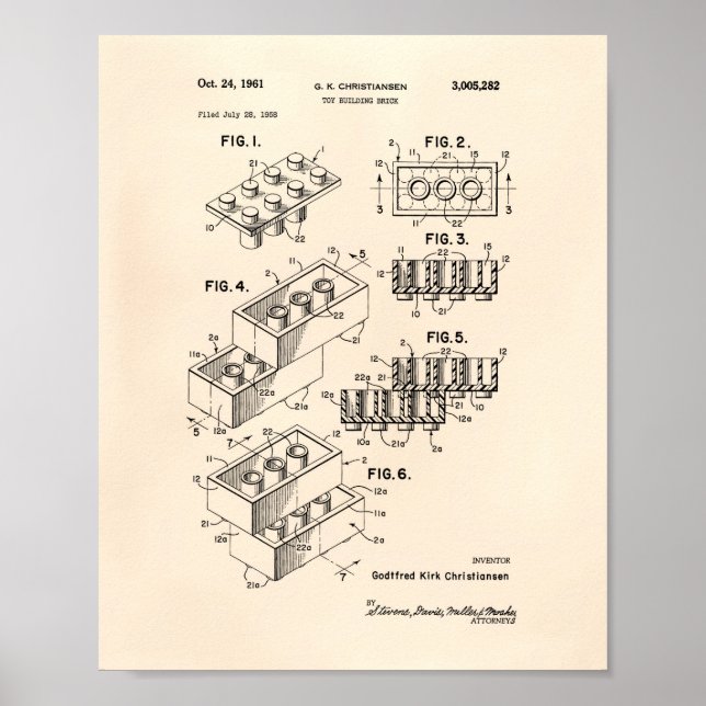 Leksak Byggnad Brick 1961 Patent Art - Gamla peper Poster (Framsidan)