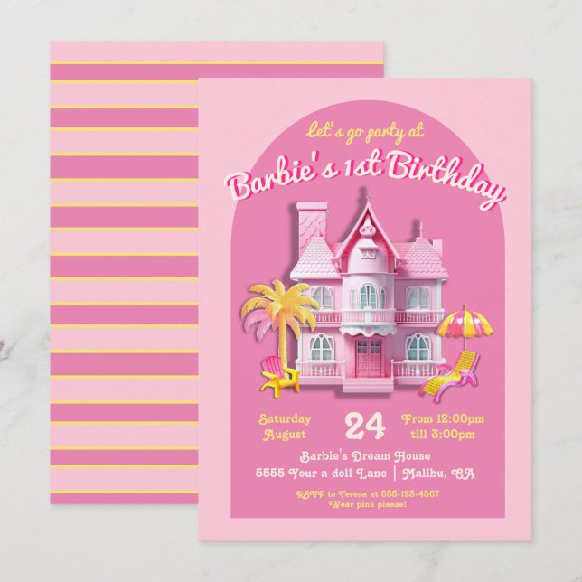 Leksak Dream Doll House Rosa Födelsedagsfest Inbjudningar (Fram/baksida)