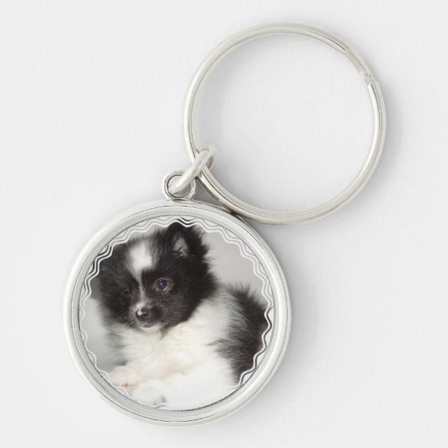 Leksak Pomeranian Keychain Rund Silverfärgad Nyckelring (Framsidan)
