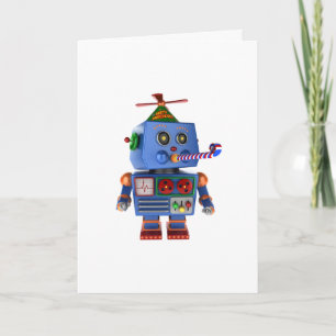 Leksak-robot med blå födelsedagsfest kort