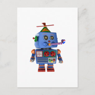 Leksak-robot med blå födelsedagsfest vykort