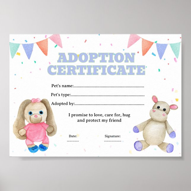Leksaker adoptera ett husdjurscertifikat poster (Framsidan)