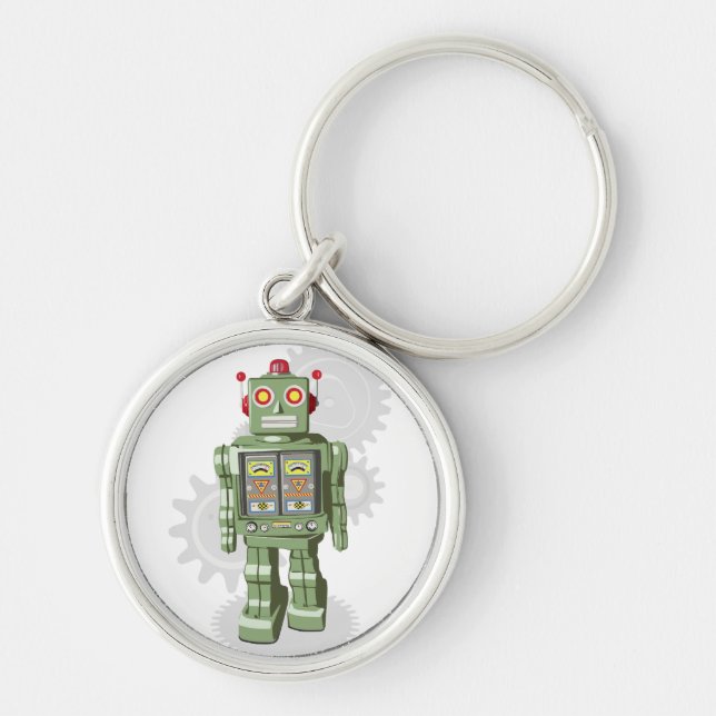 Leksakrobot Keychain Rund Silverfärgad Nyckelring (Framsidan)