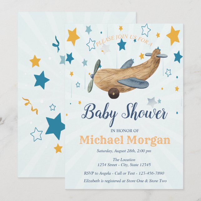 Leksaksflygplan, Baby Shower med Stjärnor Inbjudningar (Fram/baksida)