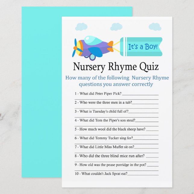 Leksaksflygplan Barnkammarramsa Quiz babyshowerspe (Fram/baksida)