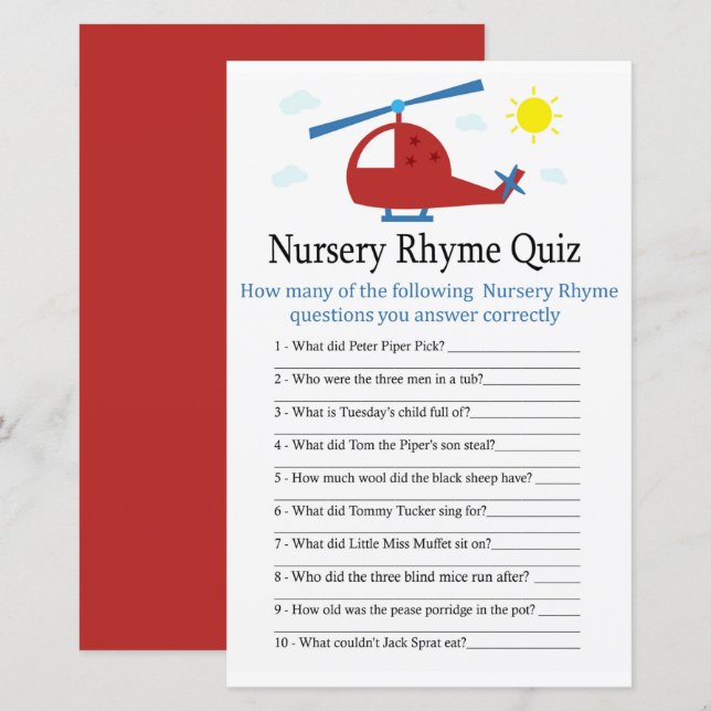 Leksakshelikopter Nursery Rhyme Quiz baby shower-s (Fram/baksida)