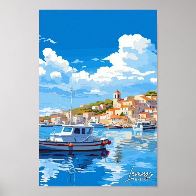 Lemnos Grekland Konst Vintage Resa Illustration Poster (Framsidan)