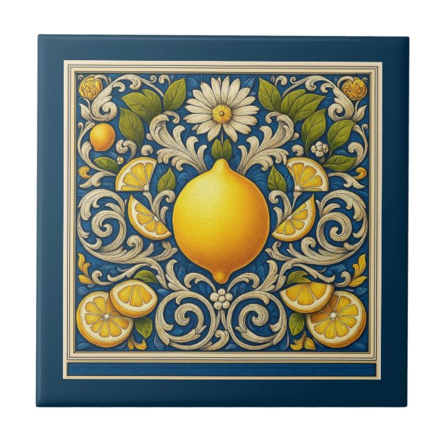 Lemon Almafi Blue Mediterranean Art Nouveau Kakelplatta (Framsidan)