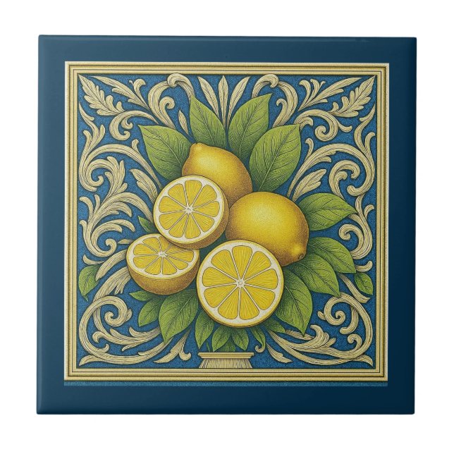Lemon Amalfi Blue Mediterranean Art Nouveau Kakelplatta (Framsidan)