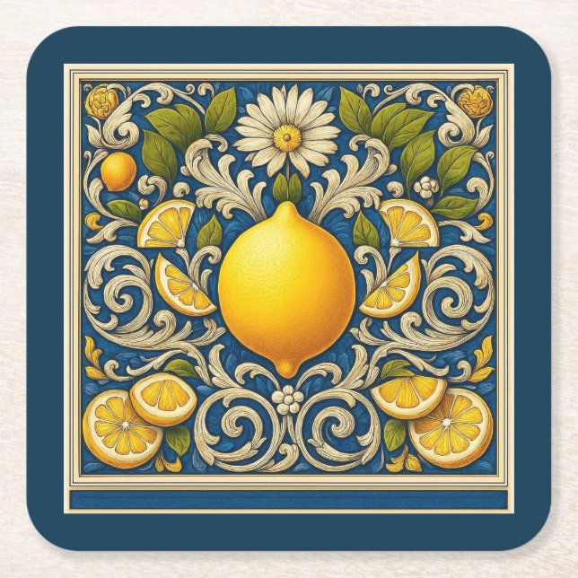 Lemon Amalfi Blue Mediterranean Art Nouveau Underlägg Papper Kvadrat (Framsidan)
