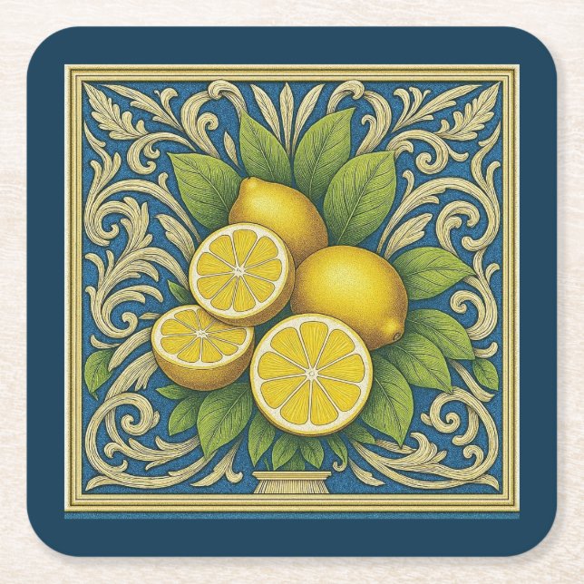 Lemon Amalfi Blue Mediterranean Art Nouveau Underlägg Papper Kvadrat (Framsidan)