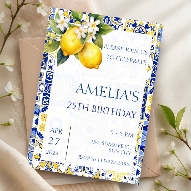 Lemon Amalfi Tiles (Italien) Inbjudningar (Mediterranean Lemon Amalfi Tiles Italian Birthday Invitation)