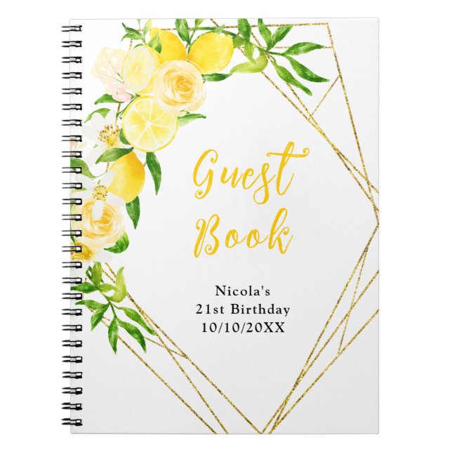 Lemon and Flowers with Foliage Birthday Guest Book Anteckningsbok (Framsidan)