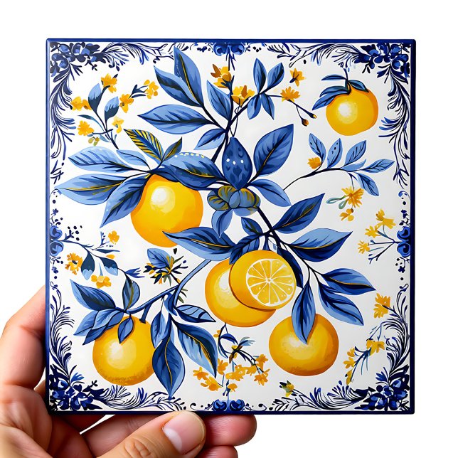 🍋 Lemon Azulejo med blå inslag Kakelplatta (🍋 Lemon Azulejo with blue elements Ceramic Tile)