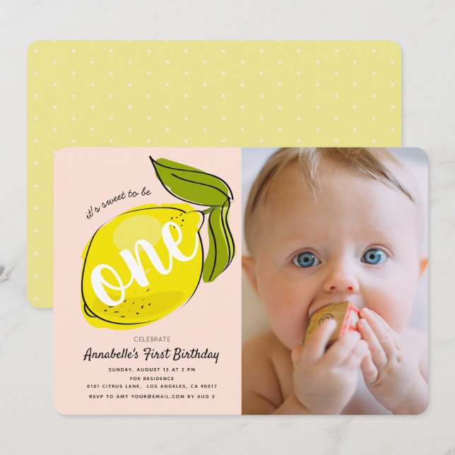 Lemon Baby Rosa Foto 1:a födelsedagsinbjudan Inbjudningar (Fram/baksida)