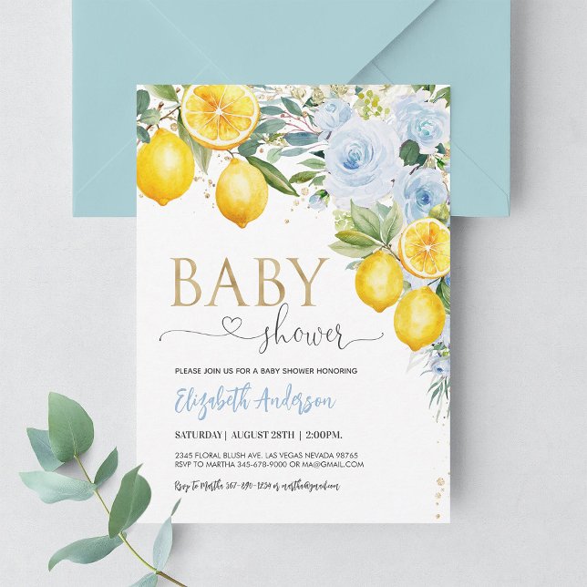Lemon Baby Shower Blue Guld Lemon Shower Inbjudningar (Skapare uppladdad)
