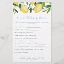 Lemon Baby Shower Classic Nursery Rhymes-spelkort Flygblad