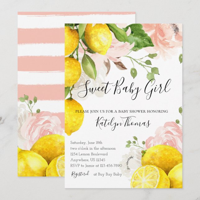 Lemon Baby Shower-inbjudan för Flicka Inbjudningar (Fram/baksida)