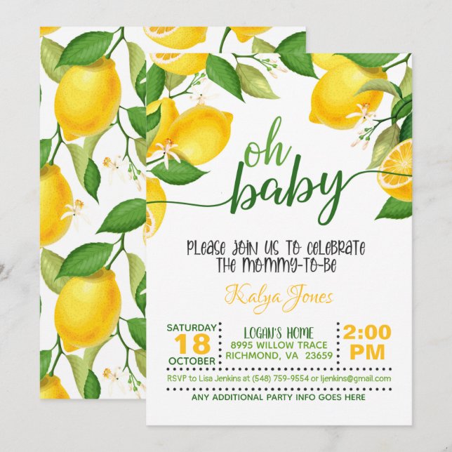 Lemon Baby Shower-inbjudan - Oh Baby Inbjudningar (Fram/baksida)