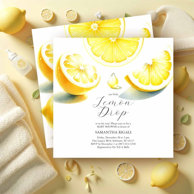 Lemon Baby Shower-inbjudningar, Lemon Drop-tema Inbjudningar (Lemon baby shower invitations feature watercolor citrus art in shades of yellow for gender neutral)