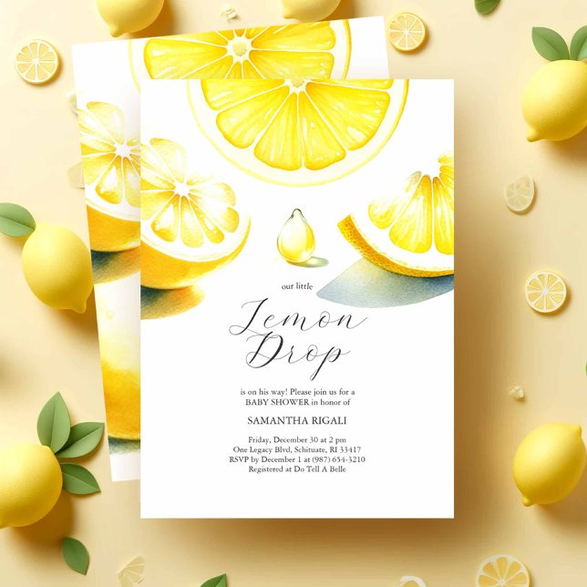 Lemon Baby Shower-inbjudningar Lemondropptema Inbjudningar (Lemon baby shower invitations feature watercolor citrus with a lemon drop by Victoria Grigaliunas)