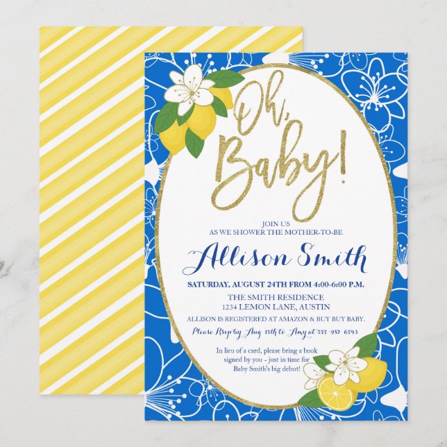 Lemon Baby Shower Pojke Blue Gult Guld Inbjudningar (Fram/baksida)