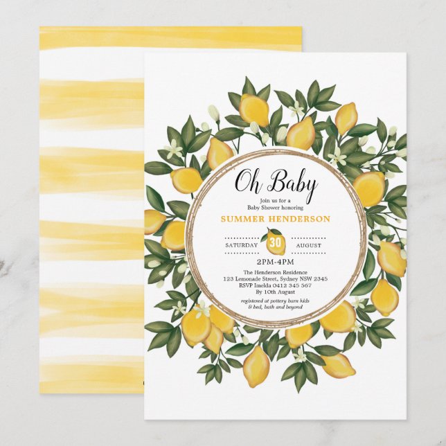Lemon Baby Shower Summer Citrus Sunshine Lemonade Inbjudningar (Fram/baksida)