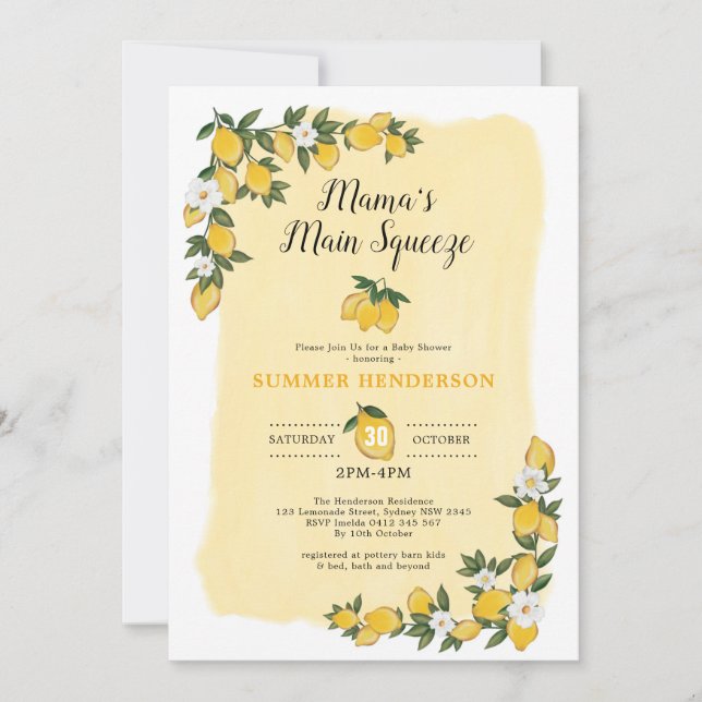 Lemon Baby Shower Sunshine Lemonade Summer Citrus Inbjudningar (Framsida)