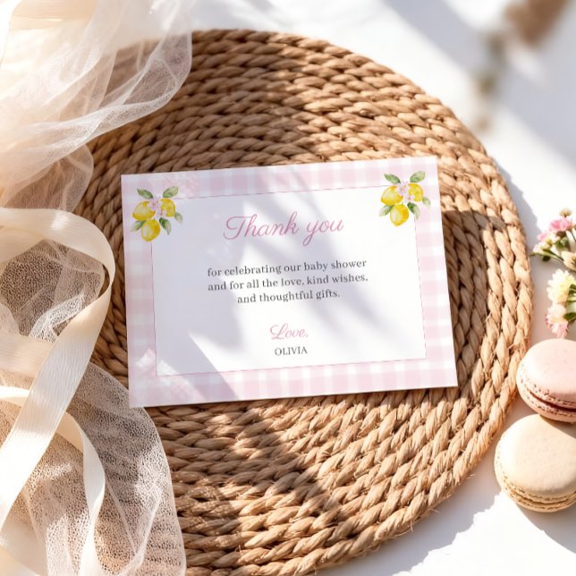 Lemon Baby Shower Tacksamhetskort Rosa Gingham Tack Kort (Skapare uppladdad)