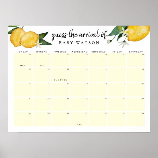 Lemon Babyshower Gissa Förfallodatum Kalender Poster (Framsidan)