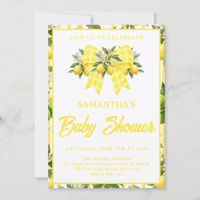 Lemon Bebis Shower Gul Gingham-slöja Inbjudningar (Framsida)