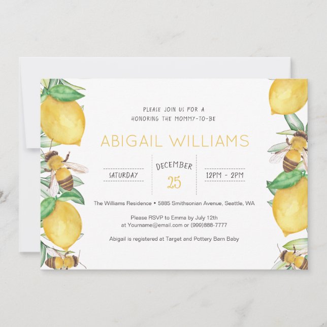 Lemon & Bee Watercolor Greenery Baby Shower Inbjudningar (Framsida)