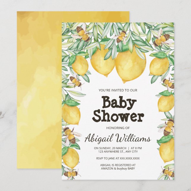 Lemon & Bee Watercolor Greenery Baby Shower Inbjudningar (Fram/baksida)