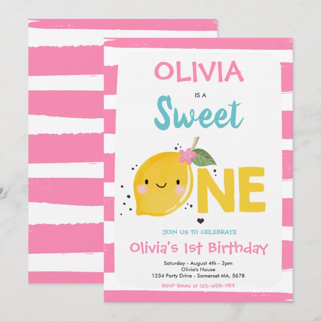 Lemon Birthday Inbjudan Söt en första födelsedag (Fram/baksida)