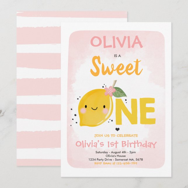 Lemon Birthday Inbjudan Söt en första födelsedag (Fram/baksida)