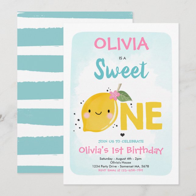 Lemon Birthday Inbjudan Söt en första födelsedag (Fram/baksida)