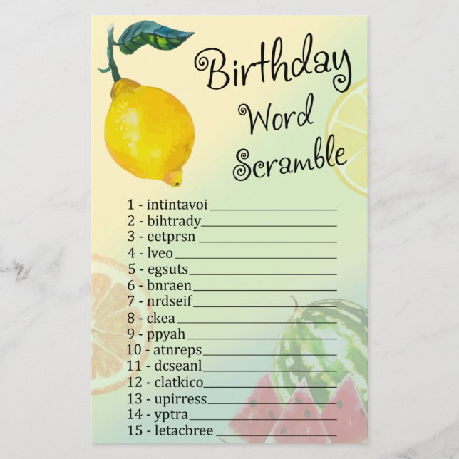 Lemon Birthday Ord Scramble Game (Framsida)
