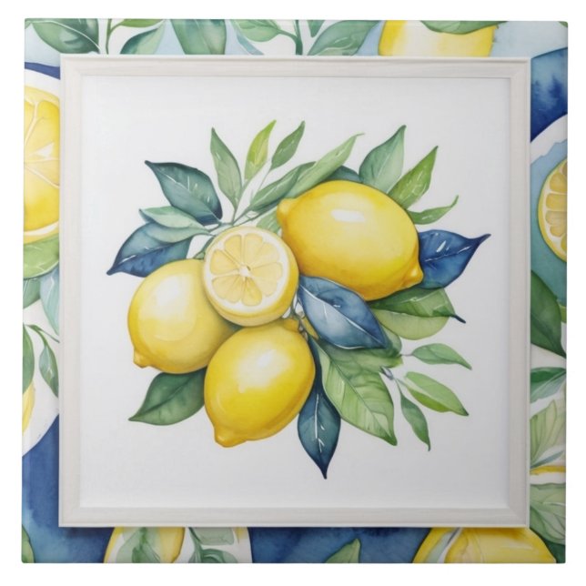 Lemon blå grön gul vit akvarell kakelplatta (Framsidan)