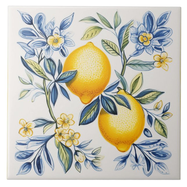 Lemon,blå plattor,sicilianska plattor,keramiskt pl kakelplatta (Framsidan)