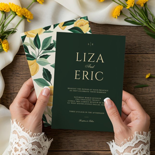 Lemon Blommar Blommigt Träd Elegant Grönt Bröllop Inbjudningar (Lemon Blossom Floral Tree Elegant Green Wedding Invitation)